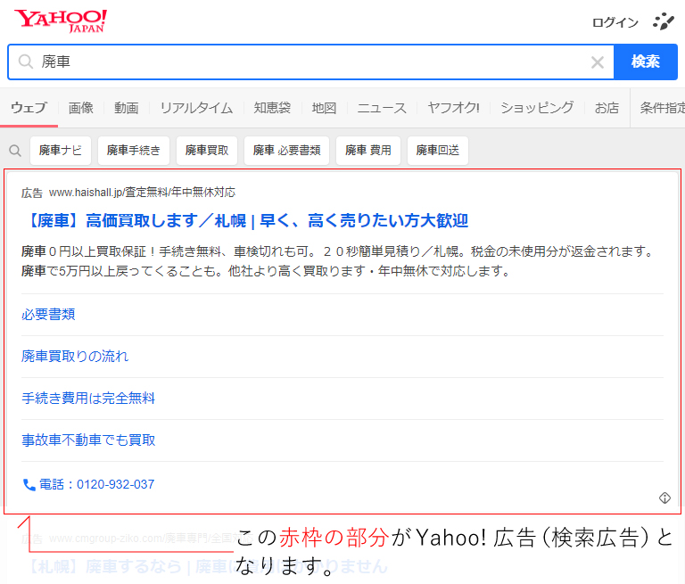 この赤枠の部分がYahoo!広告（検索広告）となります。